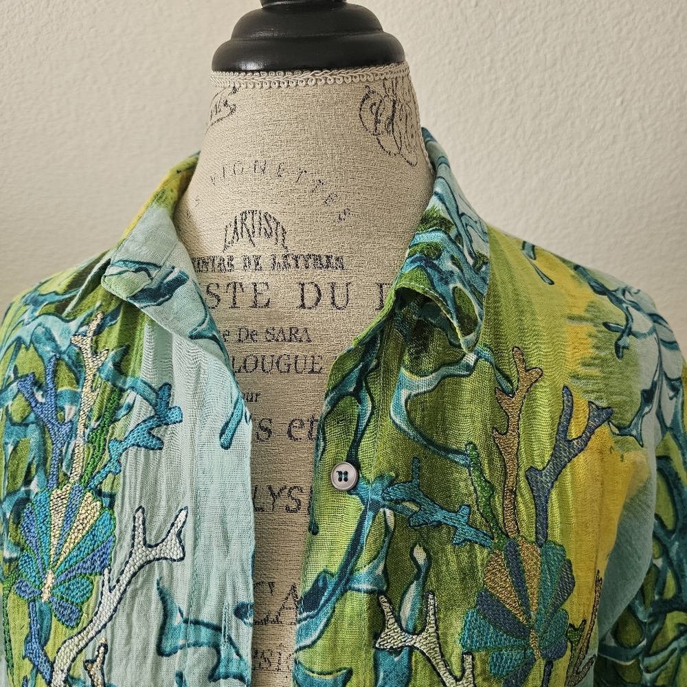 Antica Sartoria by Giacomo Cinque Tunic Shirt L Large Green Blue Coral Print - Picture 5 of 12
